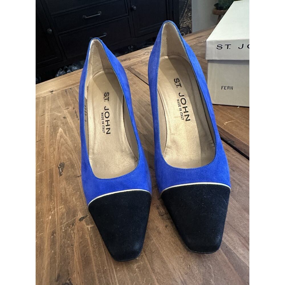 St John Size 7 High Heel Shoes Blue Leather Suede Designer St. John - Picture 3 of 9